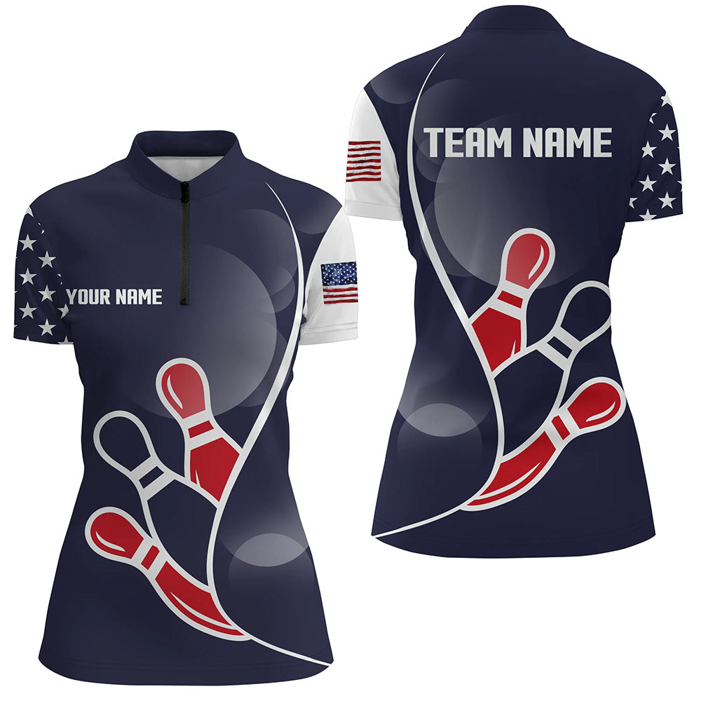 US Flag Bowling Shirt Custom Bowling Team Jersey Quarter Zip Bowling Shirt for Women Bowlers Jersey QZT291