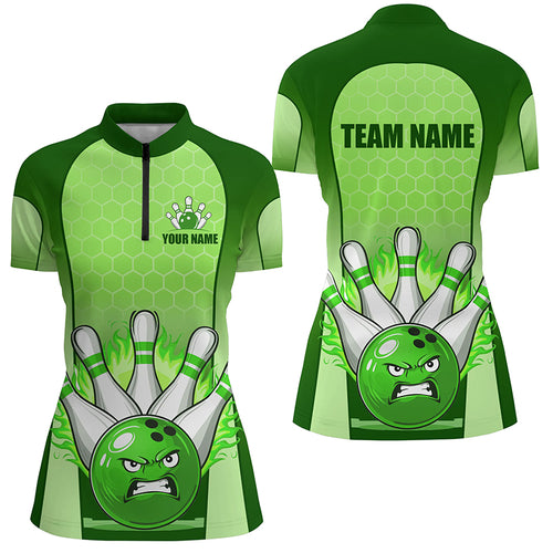 Personalized Bowling Shirt Green 1/4 Women Zip Bowling Jersey Bowling Team League Unisex QZT278