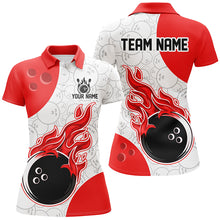 Load image into Gallery viewer, Bowling team shirt with flames and a bowling ball design on a white background
