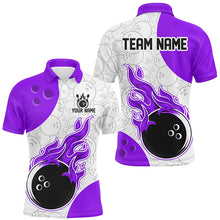 Load image into Gallery viewer, An purple and white flames bowling shirt with a personalized text and logo, featuring a flame graphic design.
