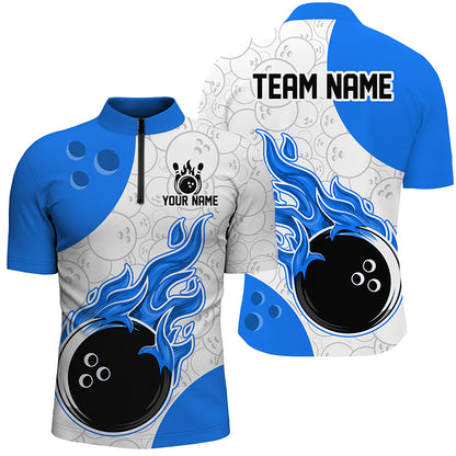 Blue and white cycling jersey with flame design and customizable text on a white background