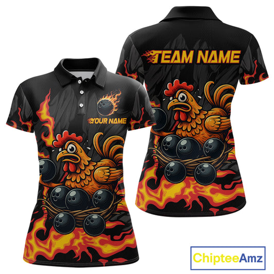 Personalized Chicken Bowling Shirt Orange Flame Bowling Team League for Women Bowling Jersey QZT706