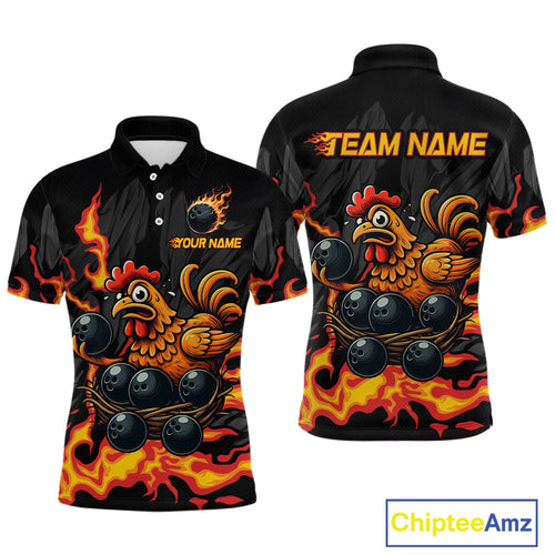 Personalized Chicken Bowling Shirt Orange Flame Bowling for Men Team League Polo & Quarter-Zip QZT706
