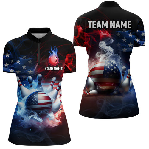 Custom 3D Smoke Bowling Shirts for Women US Flag Bowling Jersey 1/4 Zip Bowling QZT496