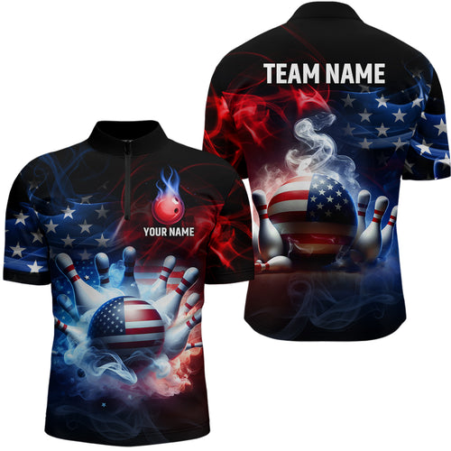 Custom 3D Smoke Bowling Shirts for Men US Flag Bowling Jersey 1/4 Zip Bowling QZT496