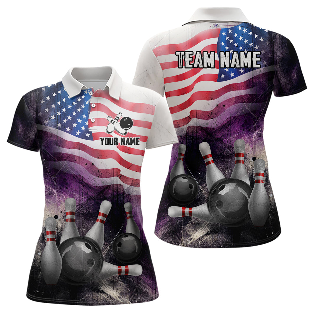 Personalized US Flag Bowling Shirts for Women Patriotic Bowling League Polo Bowling Apparel QZT499