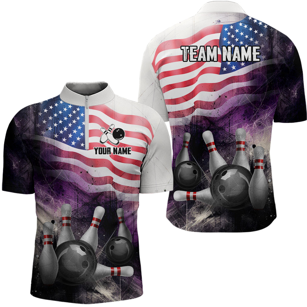 Personalized US Flag Bowling Shirts for Men Patriotic Bowling League 1/4 Zip Bowling QZT499