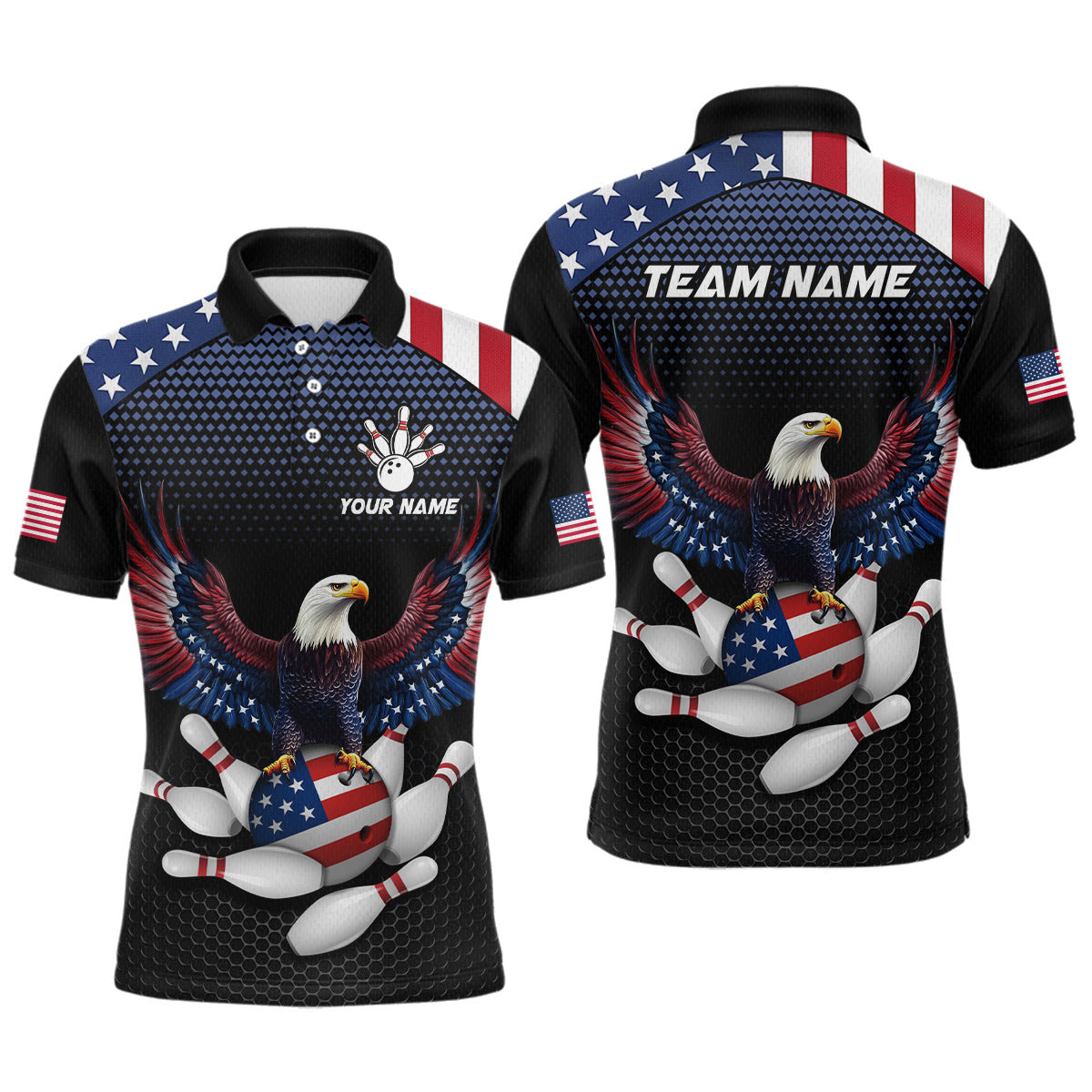 A custom bowling team shirt featuring a bald eagle with an American flag design, and a placeholder for a team or personal name.