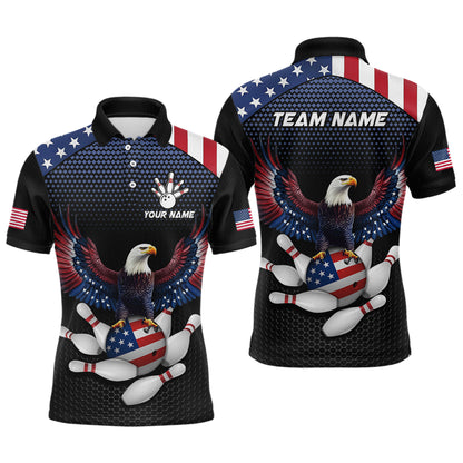 A custom bowling team shirt featuring a bald eagle with an American flag design, and a placeholder for a team or personal name.