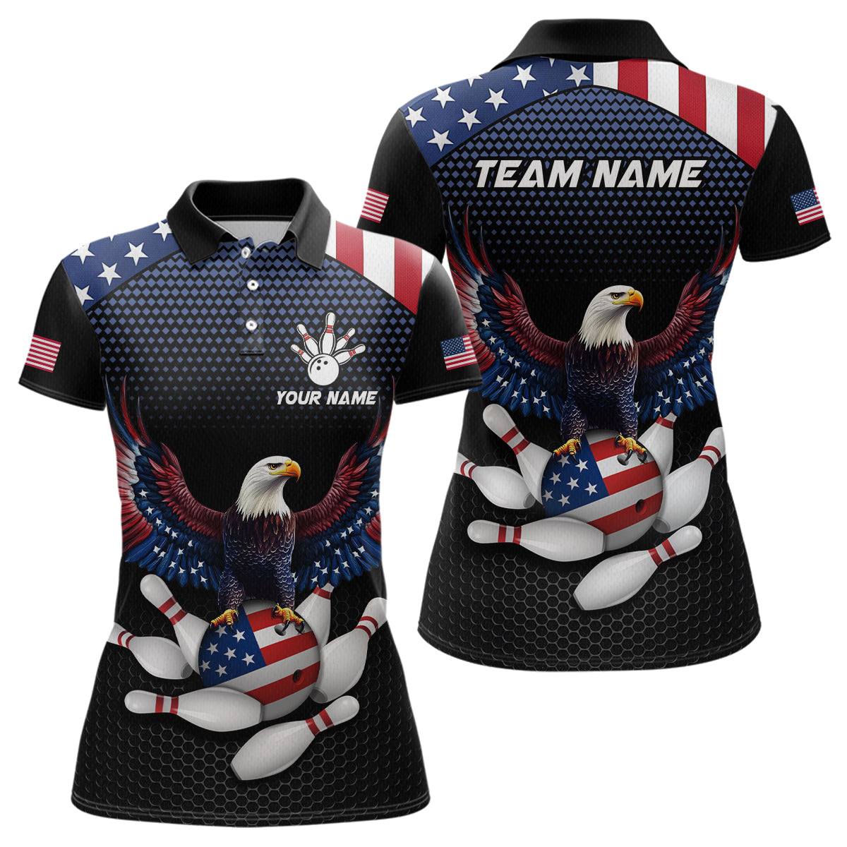 A custom bowling team shirt featuring a bald eagle with an American flag design, and a placeholder for a team or personal name.