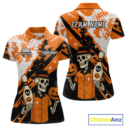 Orange Funny Skull Bowling Shirt for Women Personalized Polo & 1/4-Zip Bowling Jersey Halloween QZT768