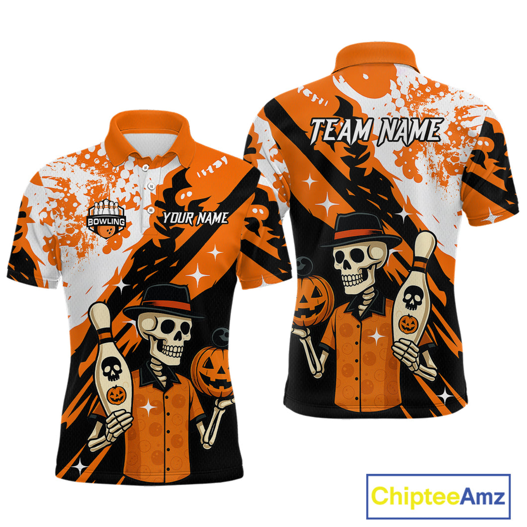 Orange Funny Skull Bowling Shirt for Men Personalized Polo & 1/4-Zip Bowling Jersey Halloween QZT768