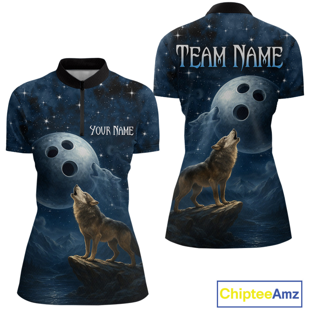 Custom Blue Bowling Shirt Wolf Bowling Team Jersey for Women Polo & 1/4 Zip Bowling Outfit QZT703