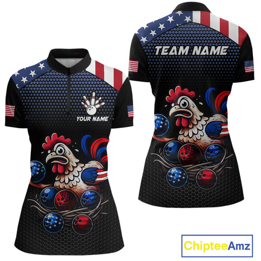 Custom American Flag Funny Chicken Bowling Team Jersey for Women Polo Bowling Shirt Unisex QZT710