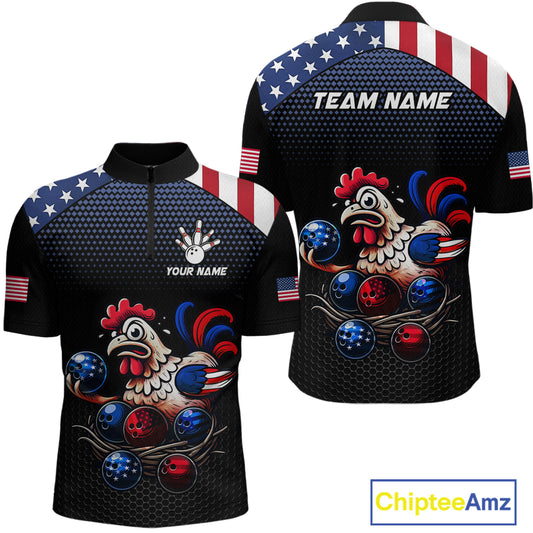 Custom American Flag Funny Chicken Bowling Team Jersey for Men Polo Bowling Shirt Unisex QZT710