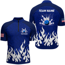 Load image into Gallery viewer, Navy Bowling Shirt Unisex Flame Bowling Jersey Men Quarter Zip Bowling Shirt QZT272