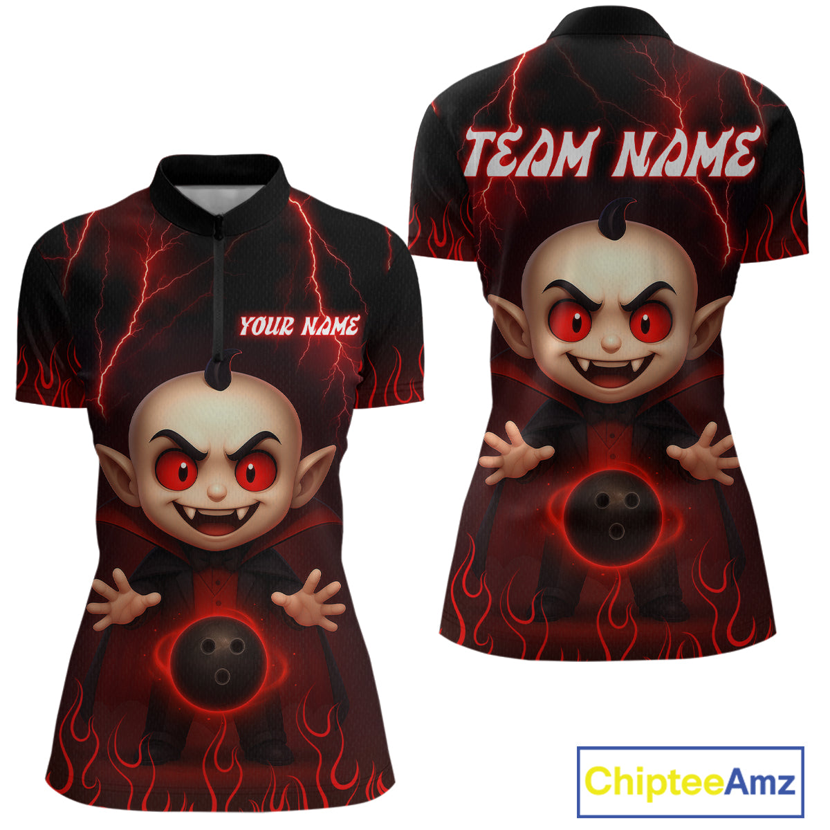 Custom Red Funny Vampire Thunder Bowling Shirt Polo & 1/4-Zip Bowling League Jersey for Women Outfit QZT753