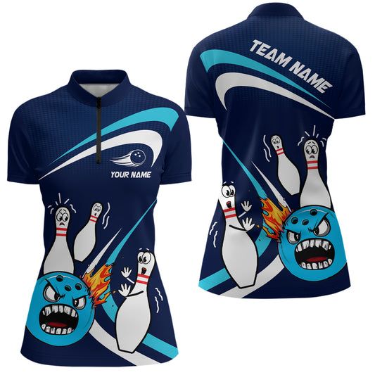 Custom Crazy Bowling Shirt for Men Women Bowling 1/4-Zip Shirt Blue Bowling Outfit QZT589
