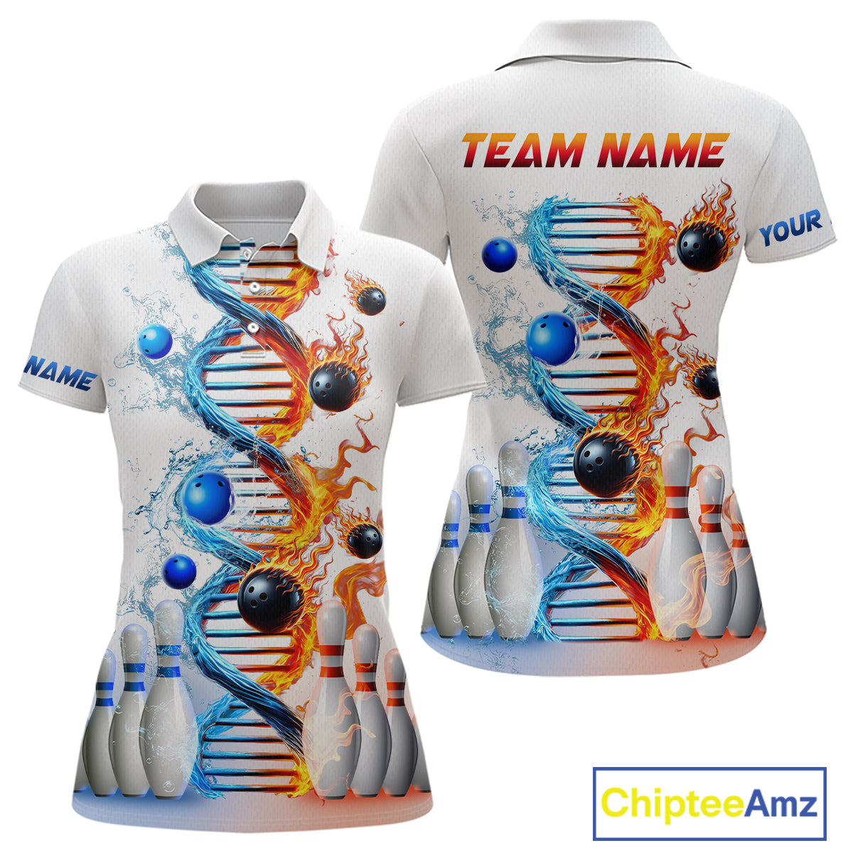 A white bowling shirt with a custom flame and water DNA design, featuring pins and balls, with options for personalization such as adding a team name.