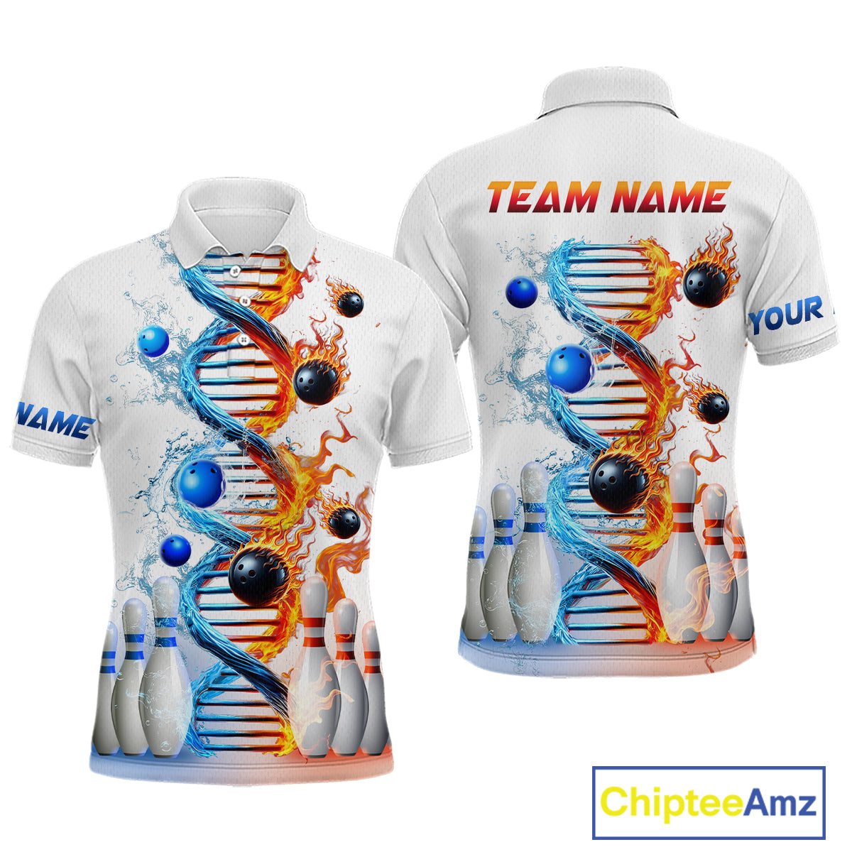 A white bowling shirt with a custom flame and water DNA design, featuring pins and balls, with options for personalization such as adding a team name.
