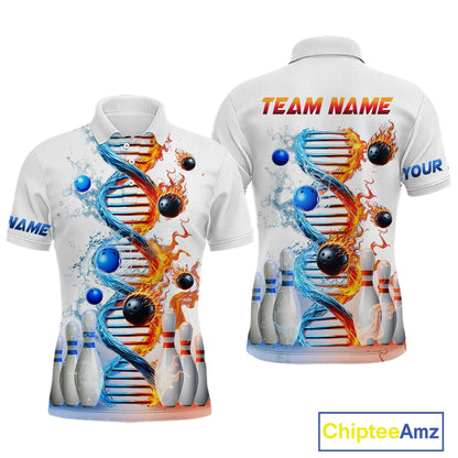 A white bowling shirt with a custom flame and water DNA design, featuring pins and balls, with options for personalization such as adding a team name.