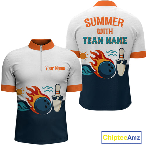 Personalized Flame Bowling Shirt Quarter-Zip Bowling Summer with Team Name Gift for Bowlers QZT697