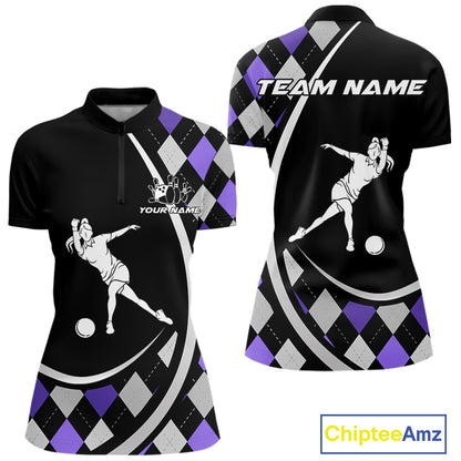 Purple Argyle Pattern Bowling Jersey for Women Custom Polo & 1/4-Zip Bowling Team Shirt Bowling Gift QZT725