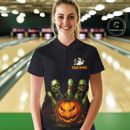 Custom Zombie Pumpkin Bowling Jersey for Women Halloween Bowling Team Shirt Bowling Gifts QZT730