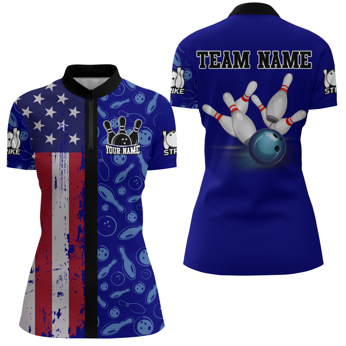 American Bowling Quarter-Zip Shirt for Women Custom Bowling Team Shirt Bowlers Jersey QZT234