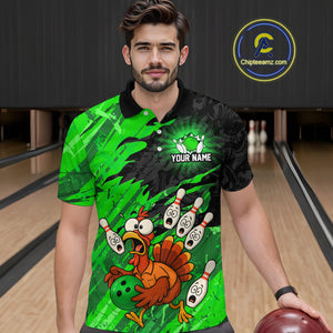 Custom Green Turkey Bowling Shirt Funny Ball Pin League Jersey for Men Polo Outfit QZT765