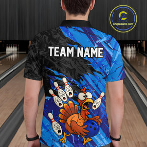 Custom Blue Turkey Bowling Shirt Funny Ball Pin League Jersey for Men Polo Outfit QZT765
