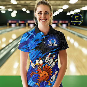 Custom Blue Turkey Bowling Shirt Funny Ball Pin League Jersey for Women Polo Outfit QZT765