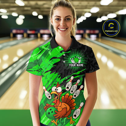 Custom Green Turkey Bowling Shirt Funny Ball Pin League Jersey for Women Polo Outfit QZT765