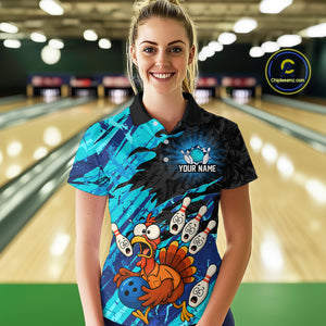 Custom Cyan Turkey Bowling Shirt Funny Ball Pin League Jersey for Women Polo Outfit QZT765