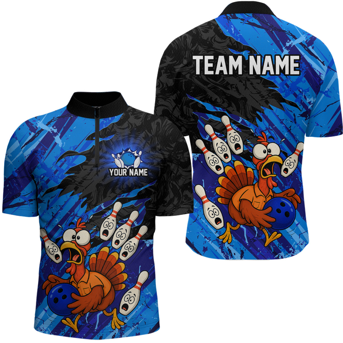 Custom Blue Turkey Bowling Shirt Funny Ball Pin League Jersey for Men Polo Outfit QZT765