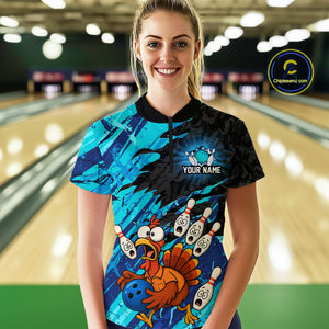 Custom Cyan Turkey Bowling Shirt Funny Ball Pin League Jersey for Women Polo Outfit QZT765