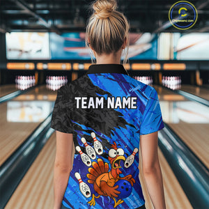Custom Blue Turkey Bowling Shirt Funny Ball Pin League Jersey for Women Polo Outfit QZT765