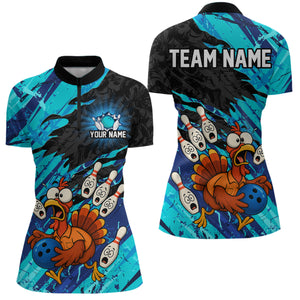 Custom Cyan Turkey Bowling Shirt Funny Ball Pin League Jersey for Women Polo Outfit QZT765