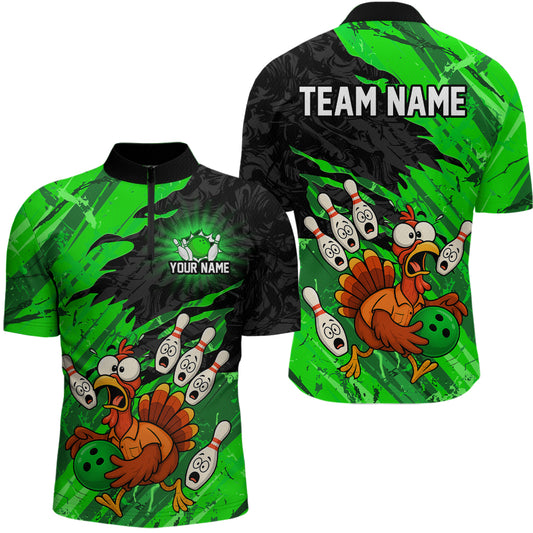 Custom Green Turkey Bowling Shirt Funny Ball Pin League Jersey for Men Polo Outfit QZT765