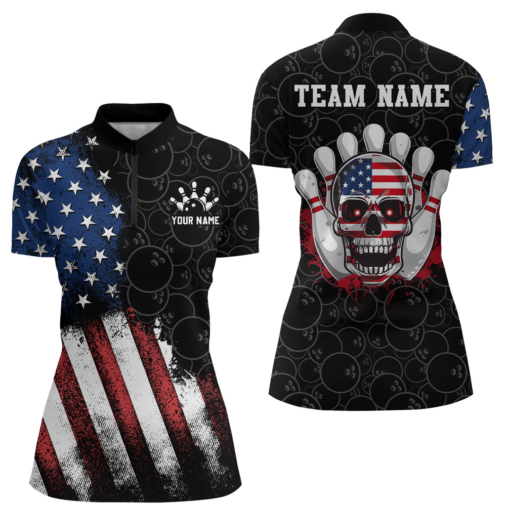 Skull Bowling Quarter-Zip Shirt US Flag Bowling Jersey Women Bowling Camo Bowling Customized QZT261