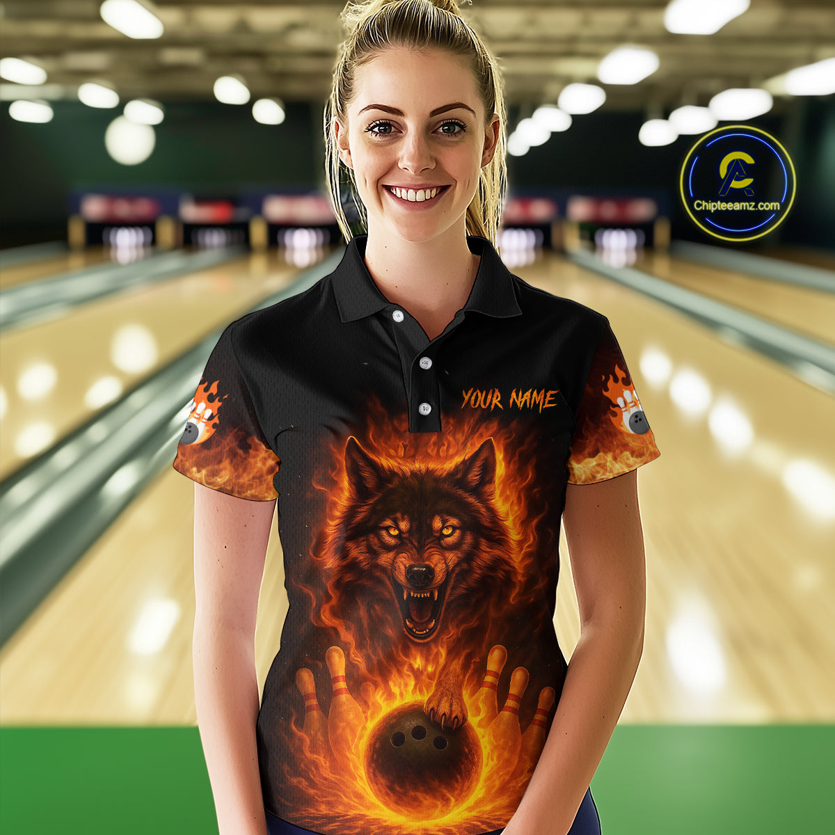 Orange Flame Wolf Bowling Shirt for Women Custom Bowling Jersey League Polo & Quarter-Zip QZT741