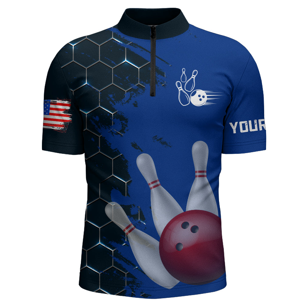 Navy & Black Bowling Shirt Customized Camo Bowling Shirt Quarter- Zip Bowling Team League for Men QZT266