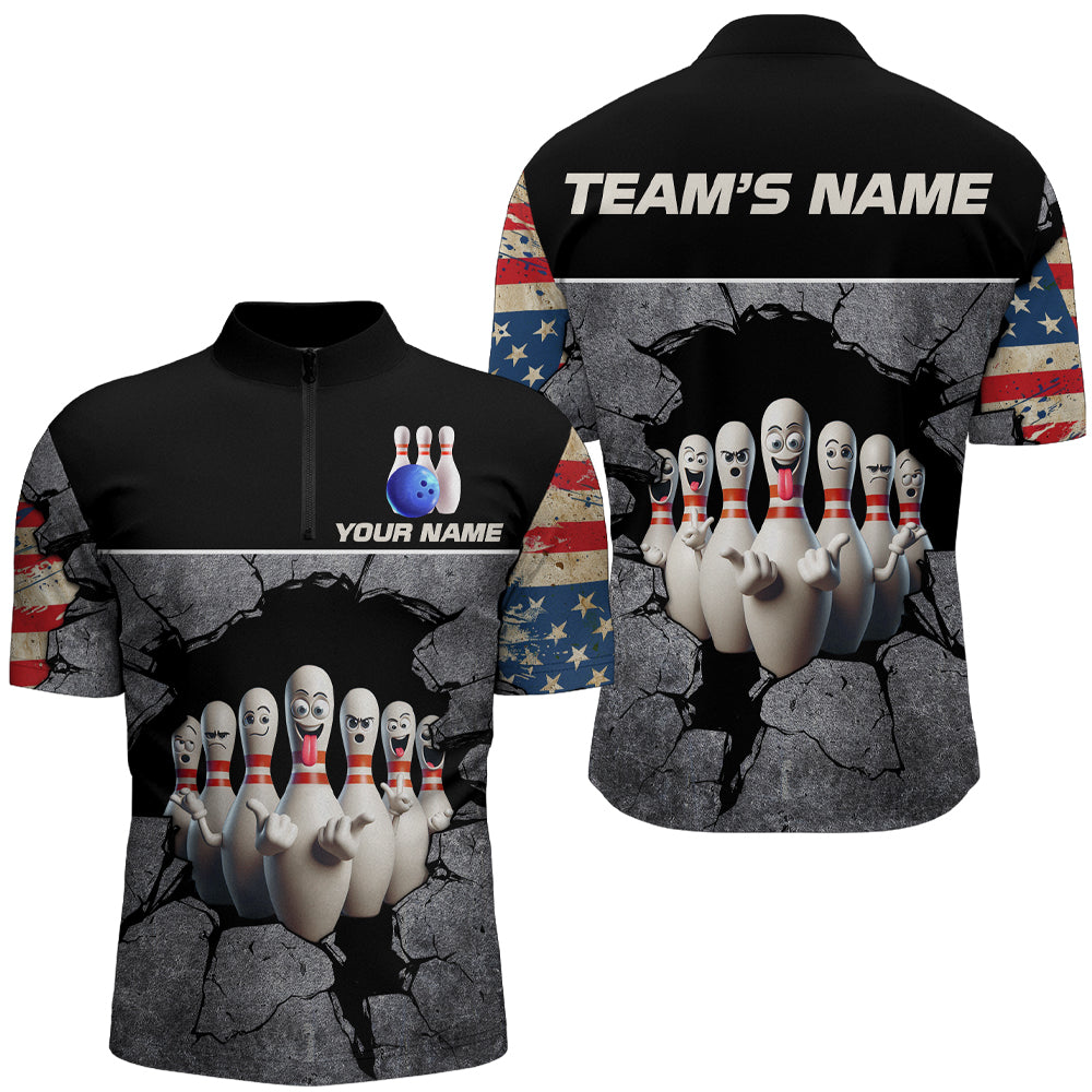 Custom US Bowling Shirts for Men Bowling Team Patriotic Quarter Zip League QZT462