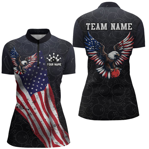 Personalized US Flag Bowling Shirt Eagle Bowling Jersey Quarter-Zip Shirt Bowling for Women QZT274