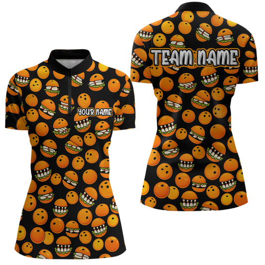 Funny Orange Hamburger Bowling Shirt  for Women Food Bowling Team League Polo & 1/4 Zip Bowling Jersey QZT724