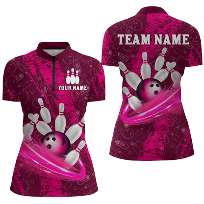 Custom Women 3D Bowling Shirts Bowling Team Jersey 1/4 Zip Bowlers Gifts Multicolor QZT473