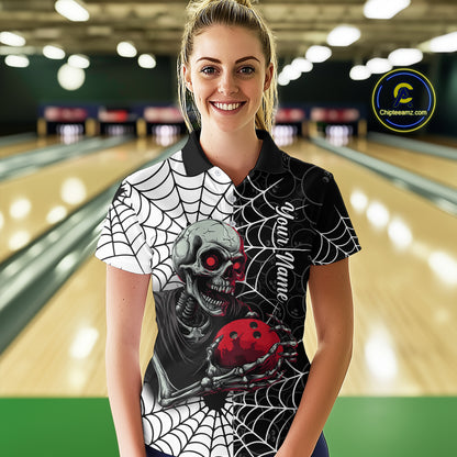 Black and White Skull Bowling Team Shirt Custom Spider Bowling Jersey Women Halloween Bowling Outfit QZT748