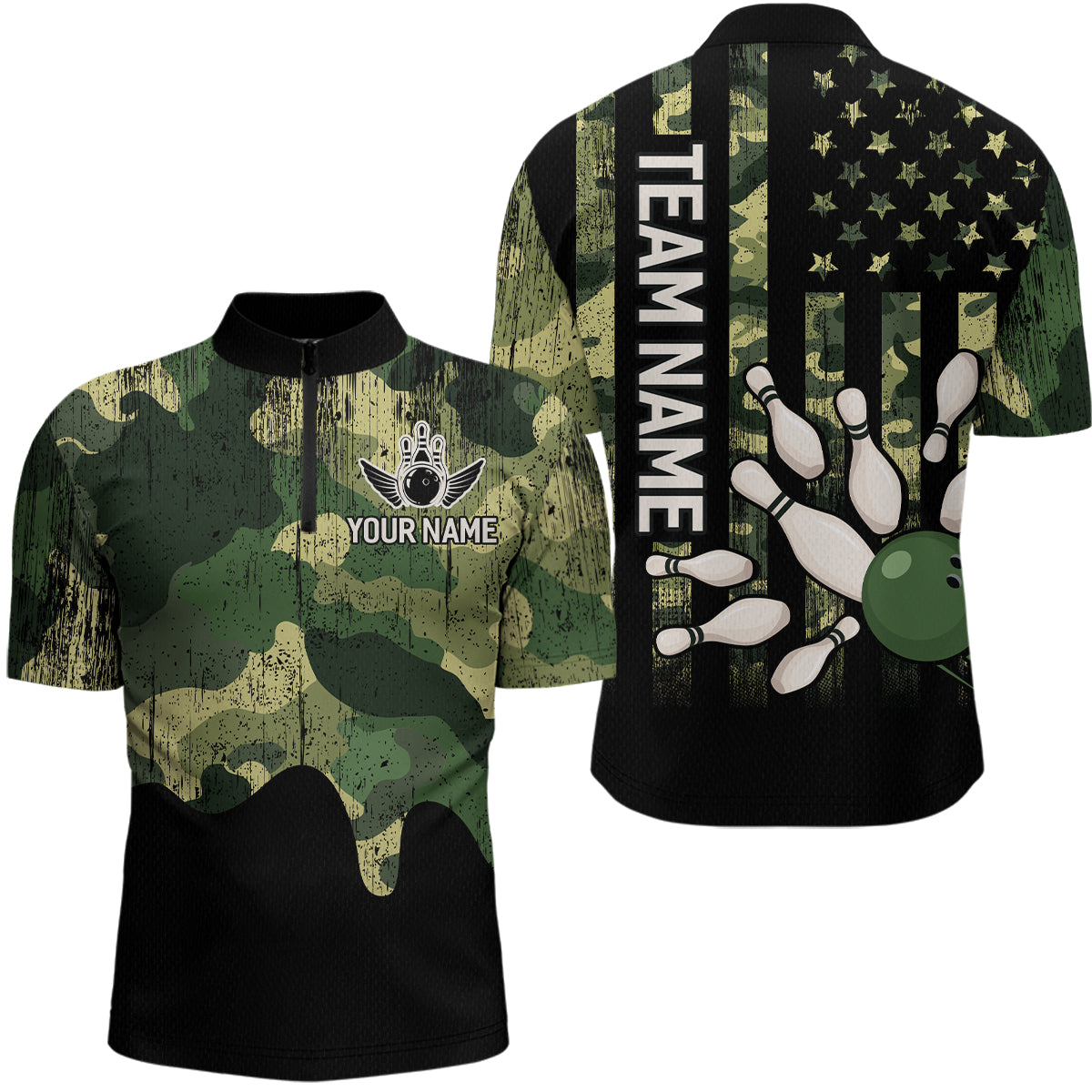Personalized Camouflage Bowling Shirt American Flag Quarter-Zip Bowling Team Jersey QZT678