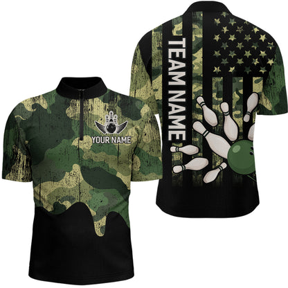 Personalized Camouflage Bowling Shirt American Flag Quarter-Zip Bowling Team Jersey QZT678