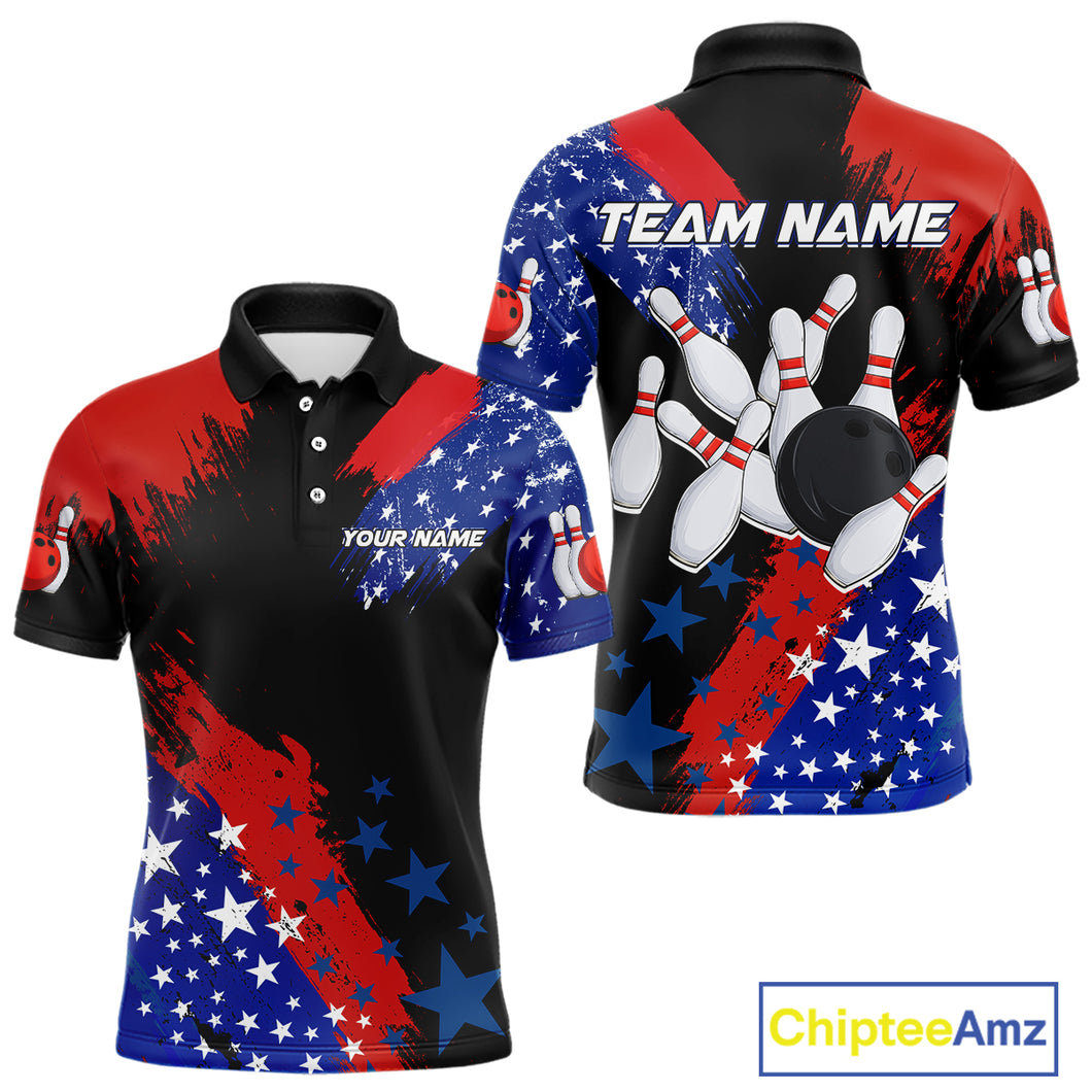 American Flag Bowling Shirt Personalized Patriotic Polo Bowling Team League Gift for Bowlers QZT691